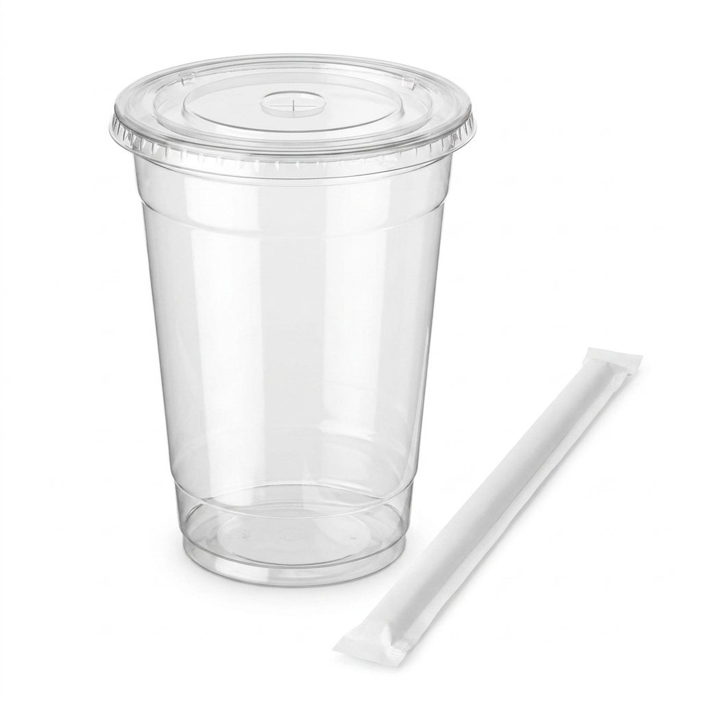 16oz Crystal Clear PET Cups with Flat Lids & Paper Straws (100 Pack) - Commercial Grade - Perfect for Iced Cof