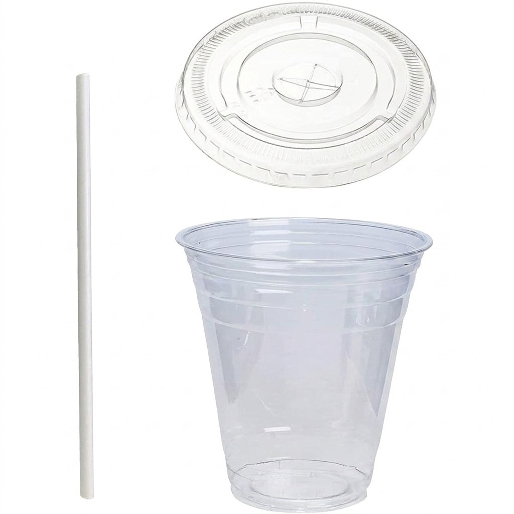 Crystal Clear Plastic Cups 12 oz (50 Pack) - With Flat Lids & White Paper Straws - Commercial Grade - Perfect 