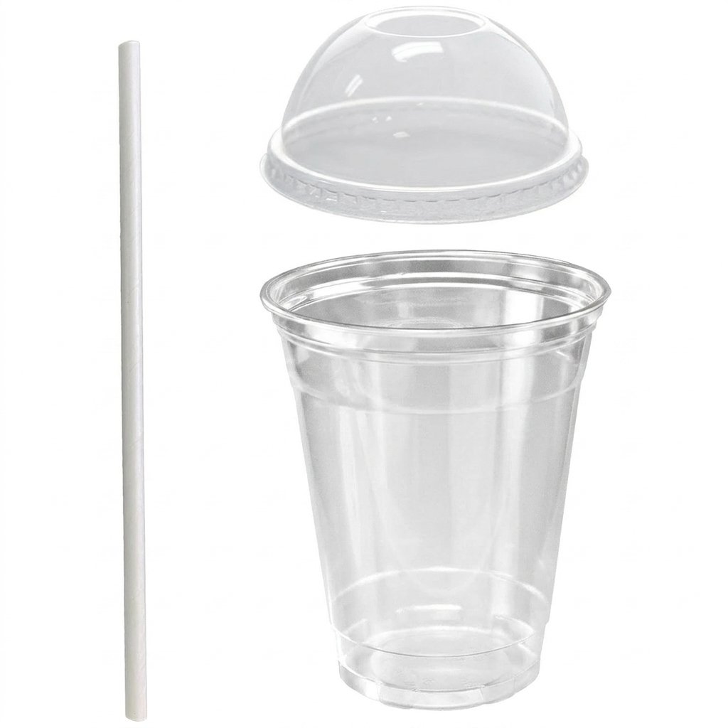16oz Clear Plastic Cups with Dome Lids & Paper Straws (50 Pack) - Crystal PET - Commercial Grade - Iced Coffee