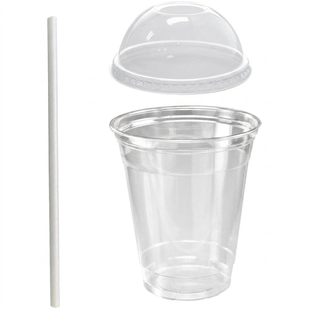16oz Clear Plastic Cups with Dome Lids & Paper Straws (100 Count) - Crystal Clear PET - Commercial Grade - Per