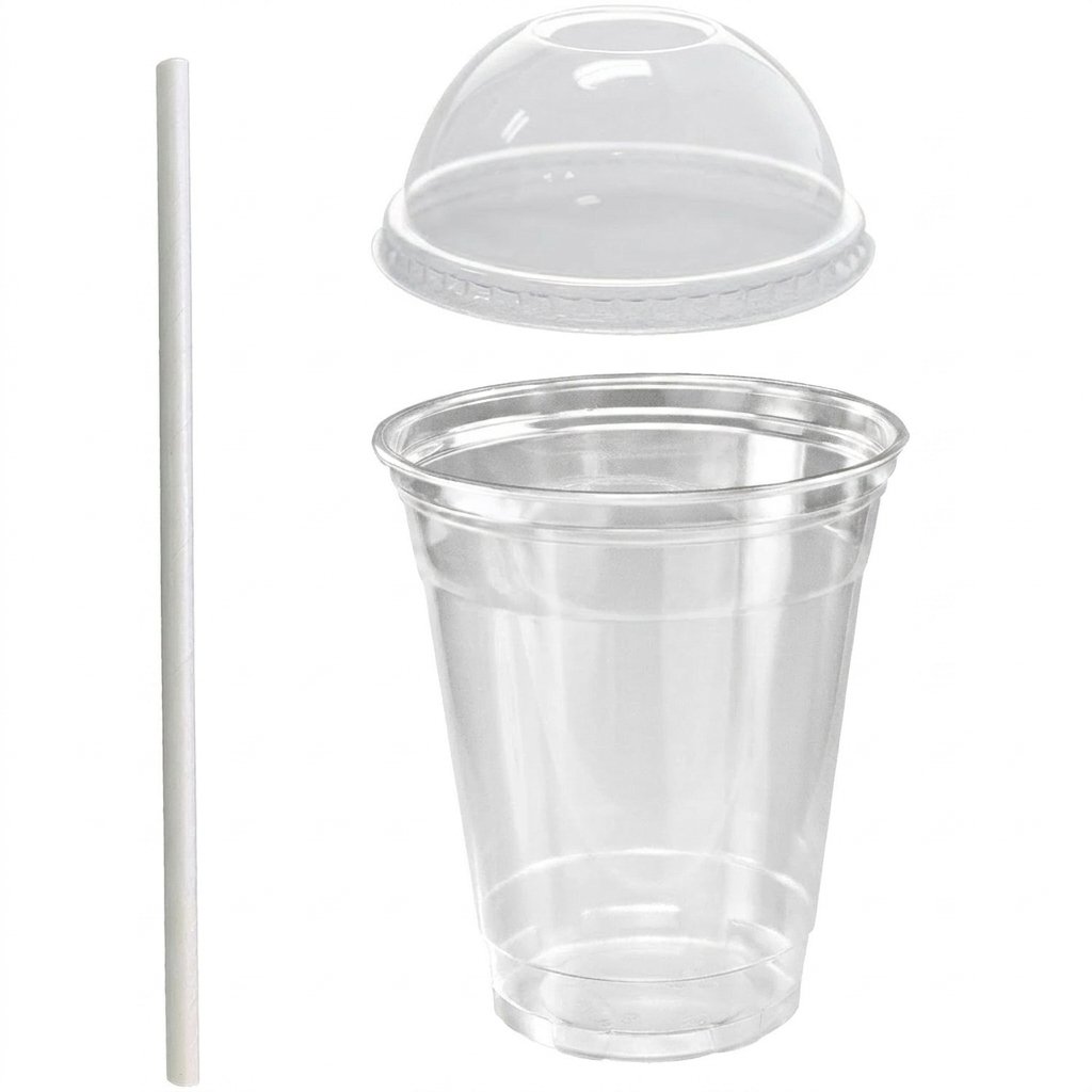 12oz Crystal Clear Plastic Cups with Dome Lids & Paper Straws (50 Pack) - Commercial Grade PET - Perfect for I