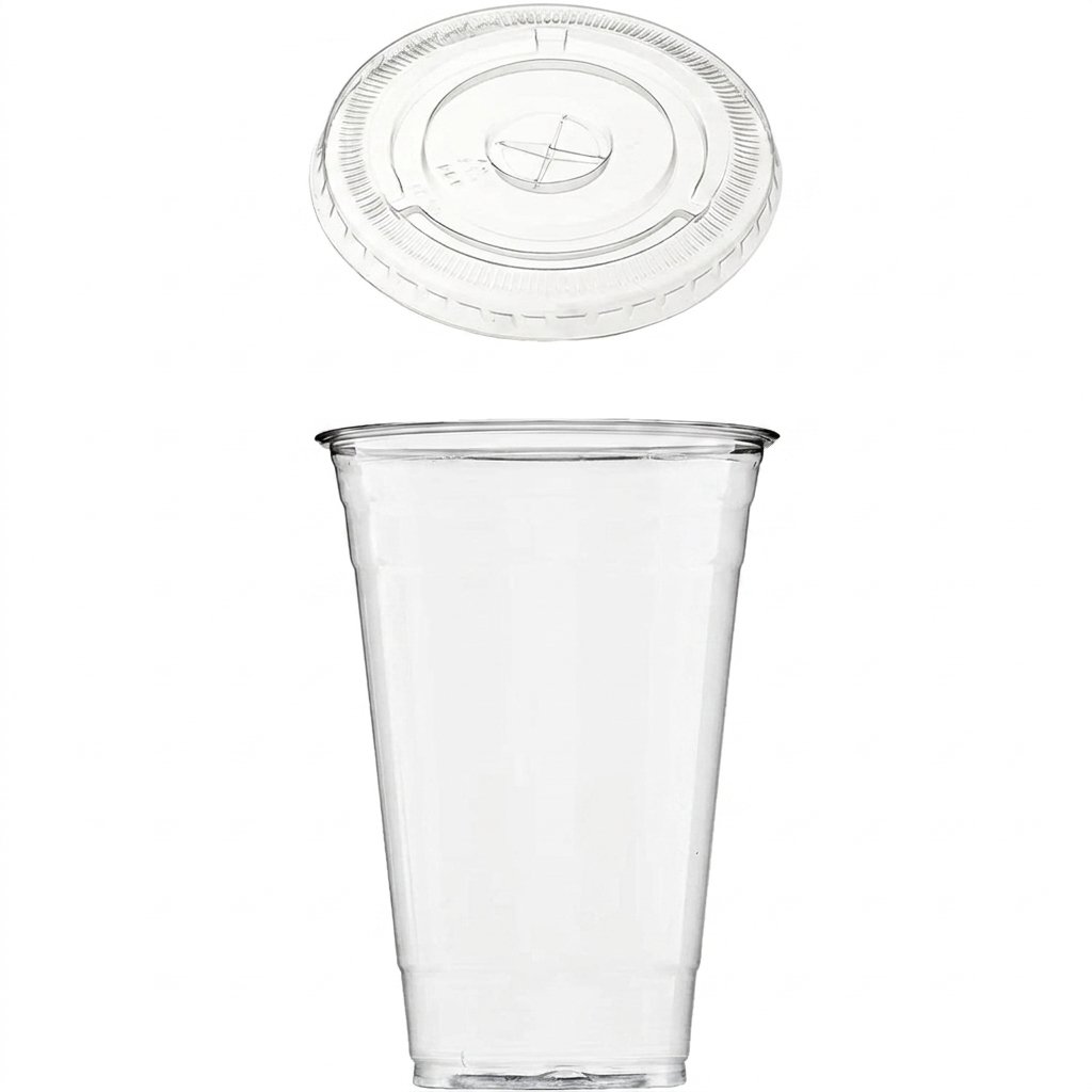 24 oz Crystal Clear Plastic Cups with Flat Lids (100 Count) - Crack-Resistant PET - Commercial Grade - Cold Be