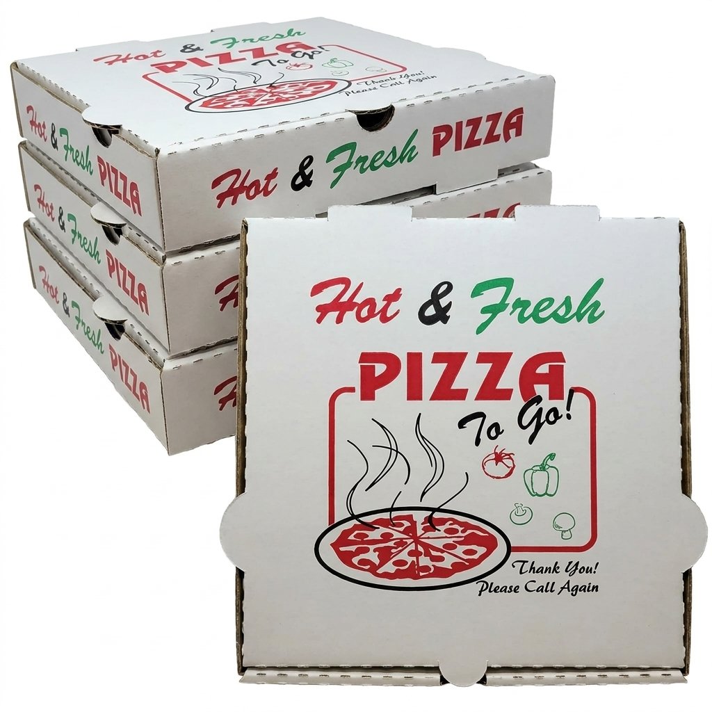 Pizza Boxes 10x10 inch 50 Pack - 4 Color Hot & Fresh Print - Commercial Grade White Cardboard - Restaurant Tak