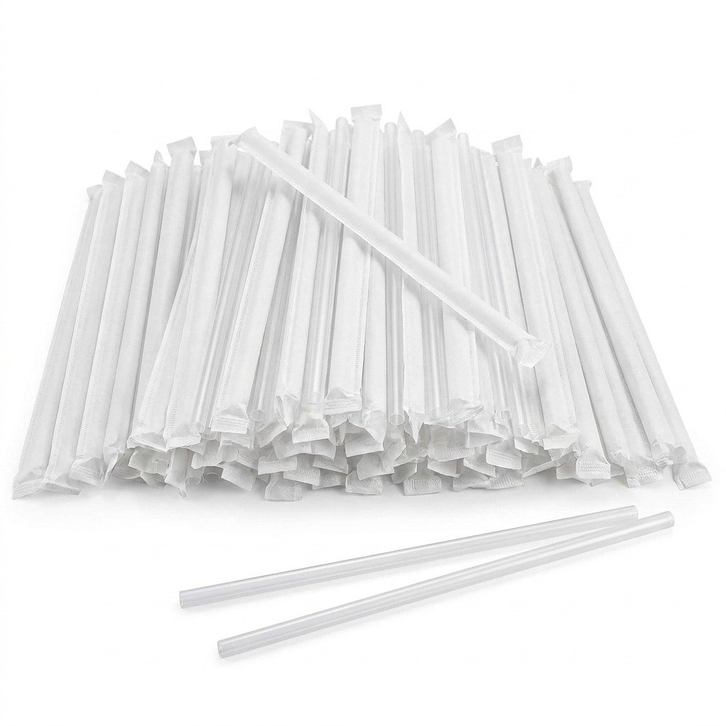 Disposable Plastic Straws 500 Count - 7.75 Inch Individually Wrapped Translucent - Commercial Grade - Food Ser