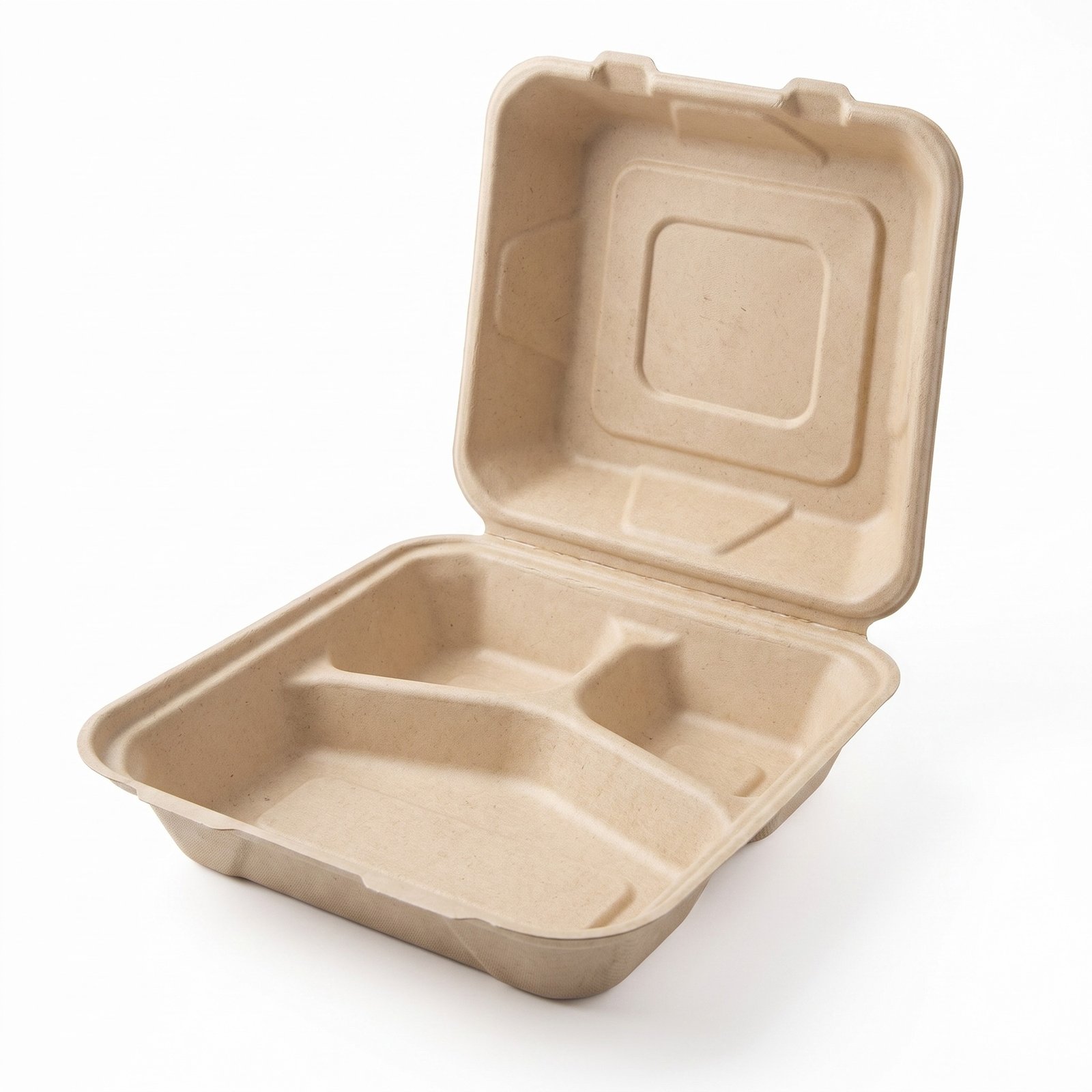 Bagasse 3-Compartment Hinged Containers 9x9 inch 200 Pack - Heavy Duty Sugarcane Fiber - Commercial Grade - Ec