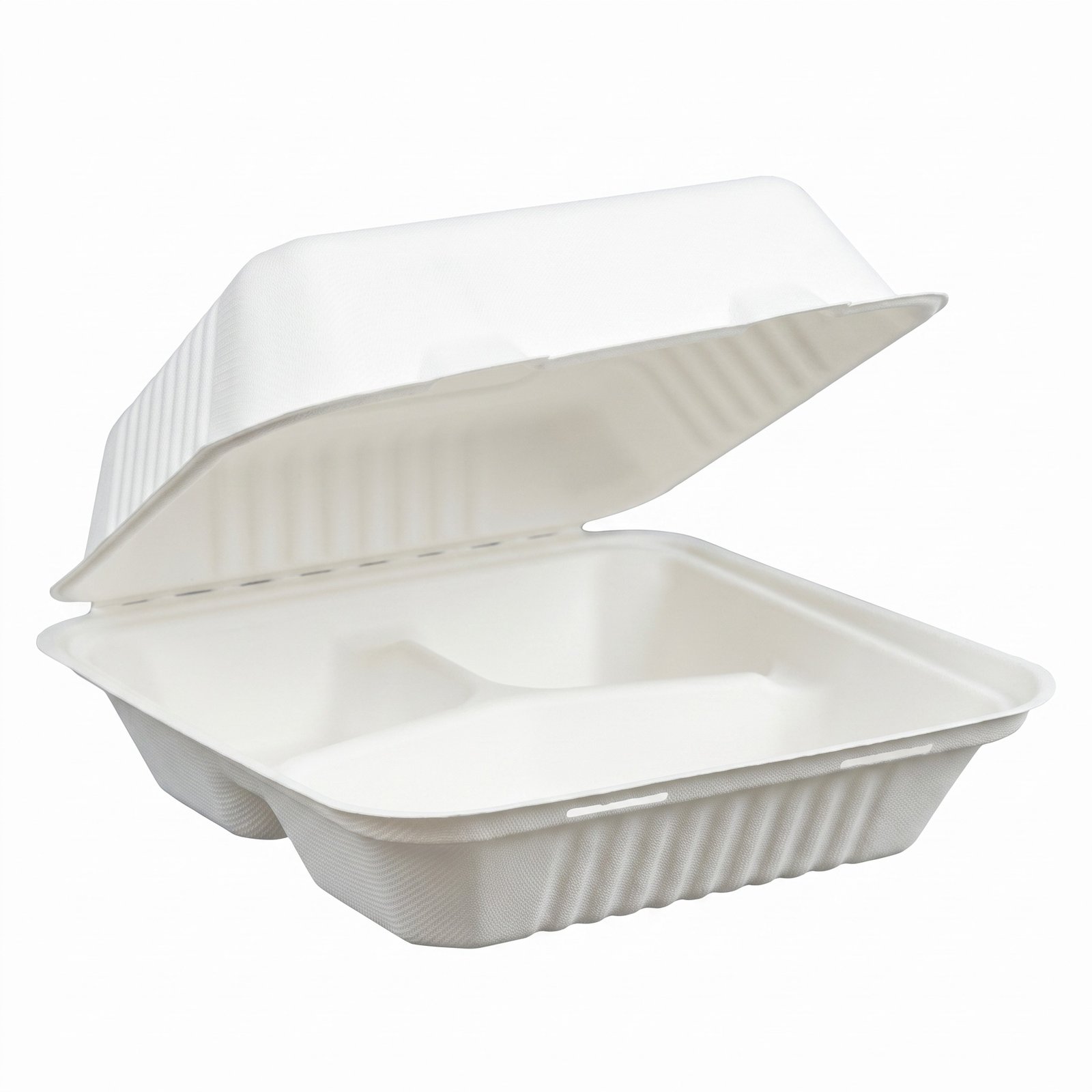 Bagasse 3-Compartment Hinged Containers 8x8x3 inch, 200 Pack - Eco-Friendly Sugarcane Fiber - Commercial Grade