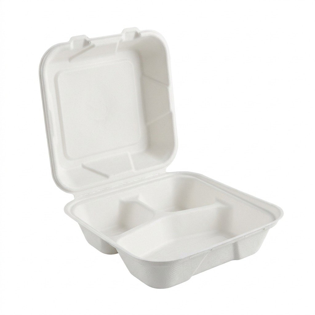 9x9 Bagasse 3-Compartment Hinged Containers 200 Pack - Eco-Friendly Sugarcane Fiber - Commercial Grade - Cater