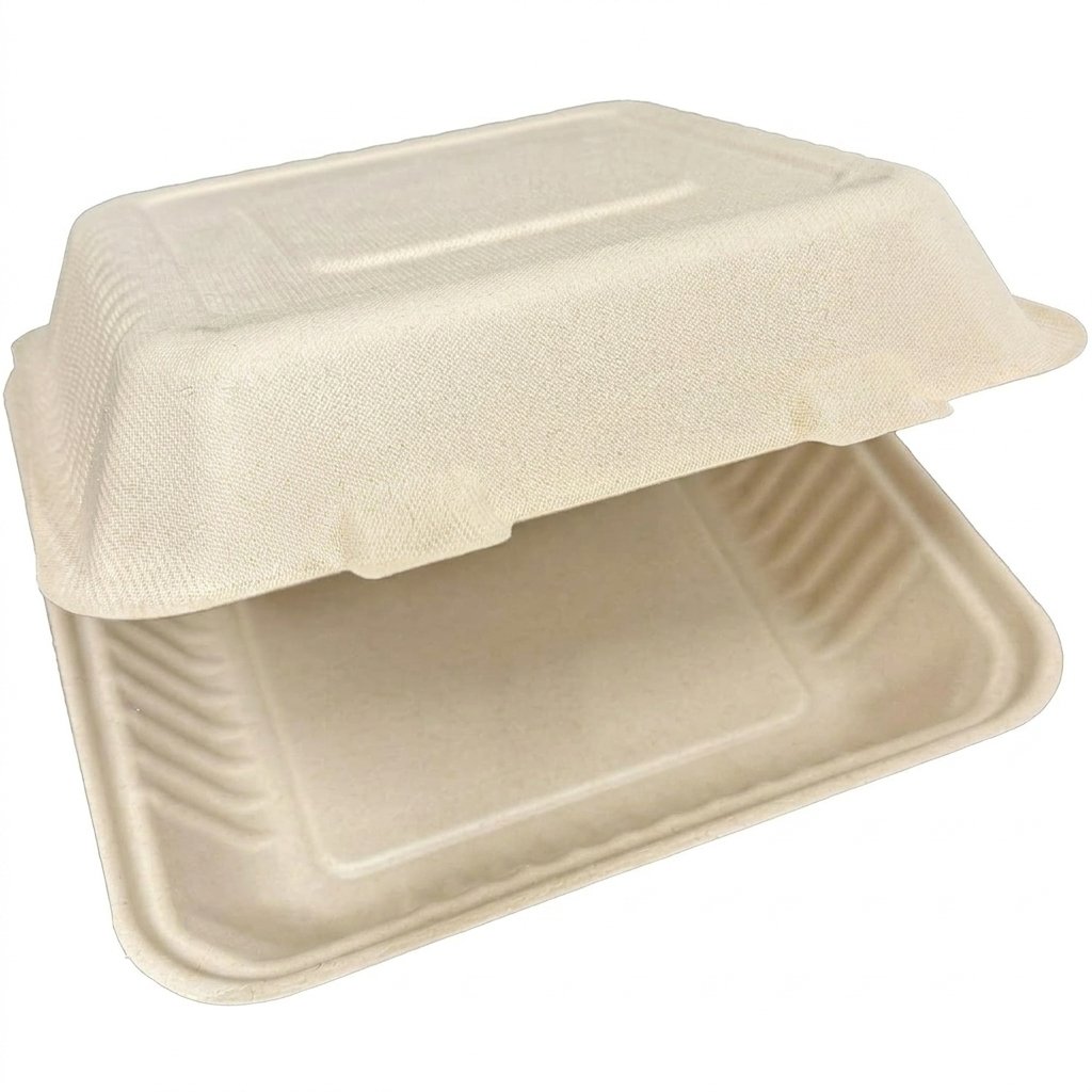 Bagasse Hinged Containers 9x9 inch 200 Pack - Eco-Friendly Sugarcane Fiber - Commercial Grade - Heavy Duty Dis