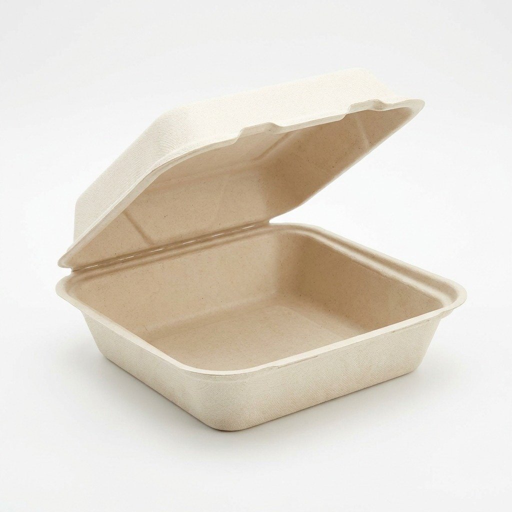Bagasse Hinged Food Containers 8x8x3 inch 200 Pack - Compostable Sugarcane Clamshell - Commercial Grade - Rest