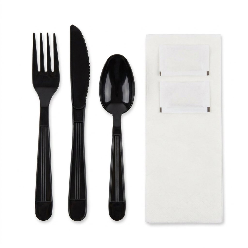 6 Piece Meal Kit 100 Count - Heavy Weight Black Cutlery Fork Knife Spoon Napkin Salt Pepper - Commercial Grade