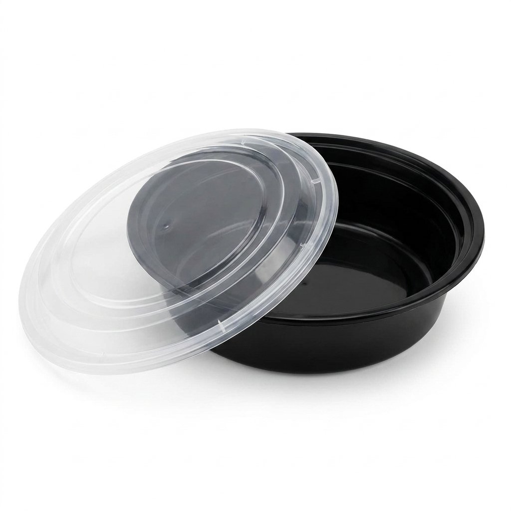 Food Prep Containers 50-Pack 28oz 7" Round with Lids - Leak-Resistant Black Base & Crystal Clear Top - Commerc