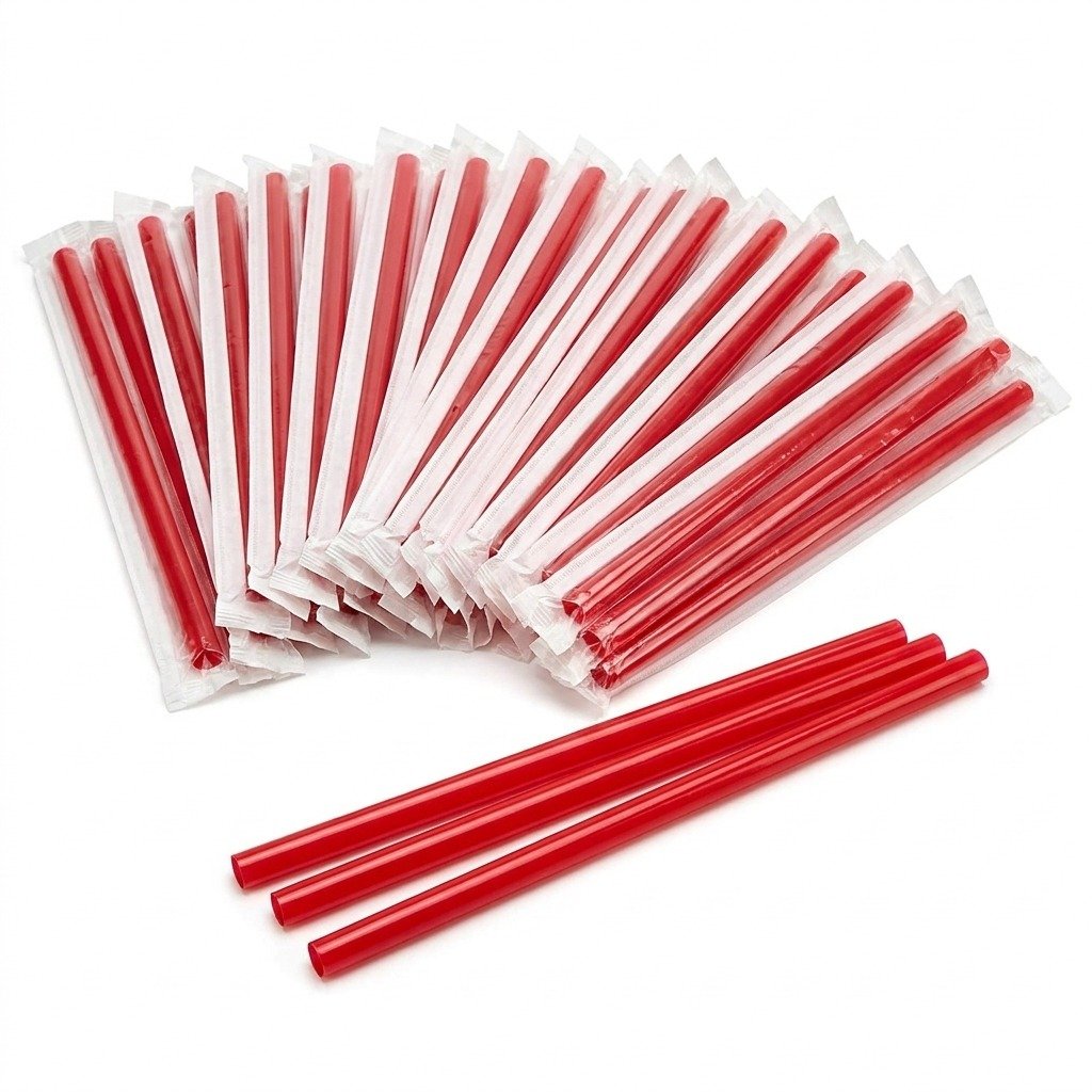 Jumbo Red Plastic Straws 8.75-Inch (1500 Count) - Individually Wrapped 7mm Wide - Commercial Grade - Restauran